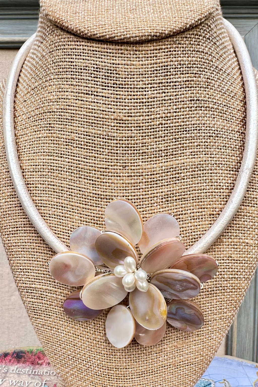 Wire Wrapped Mother of Pearl Floral Pendant Necklace