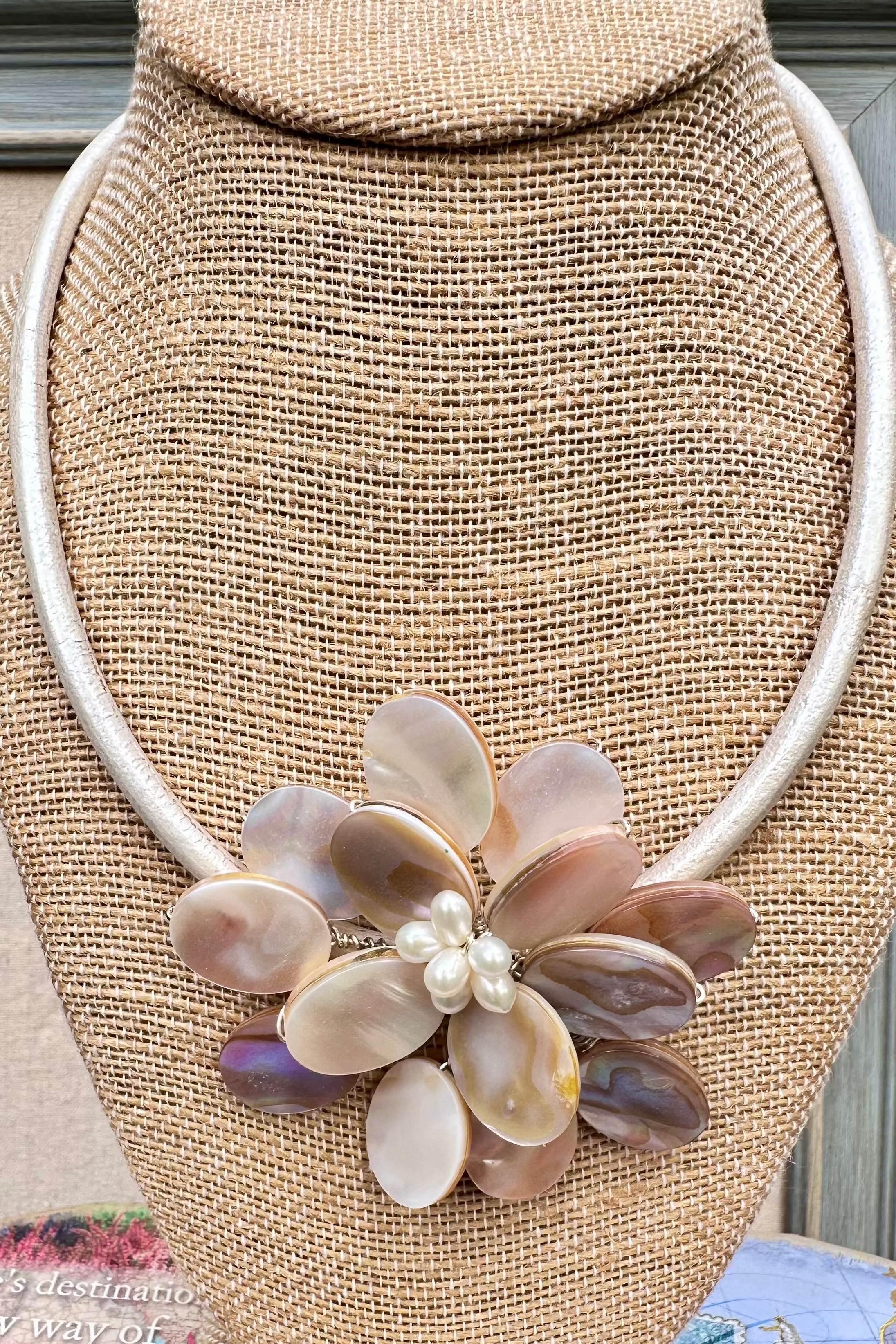 Wire Wrapped Mother of Pearl Floral Pendant Necklace