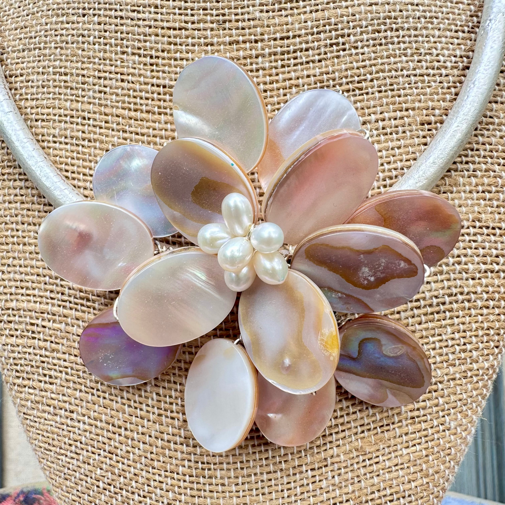 Wire Wrapped Mother of Pearl Floral Pendant Necklace