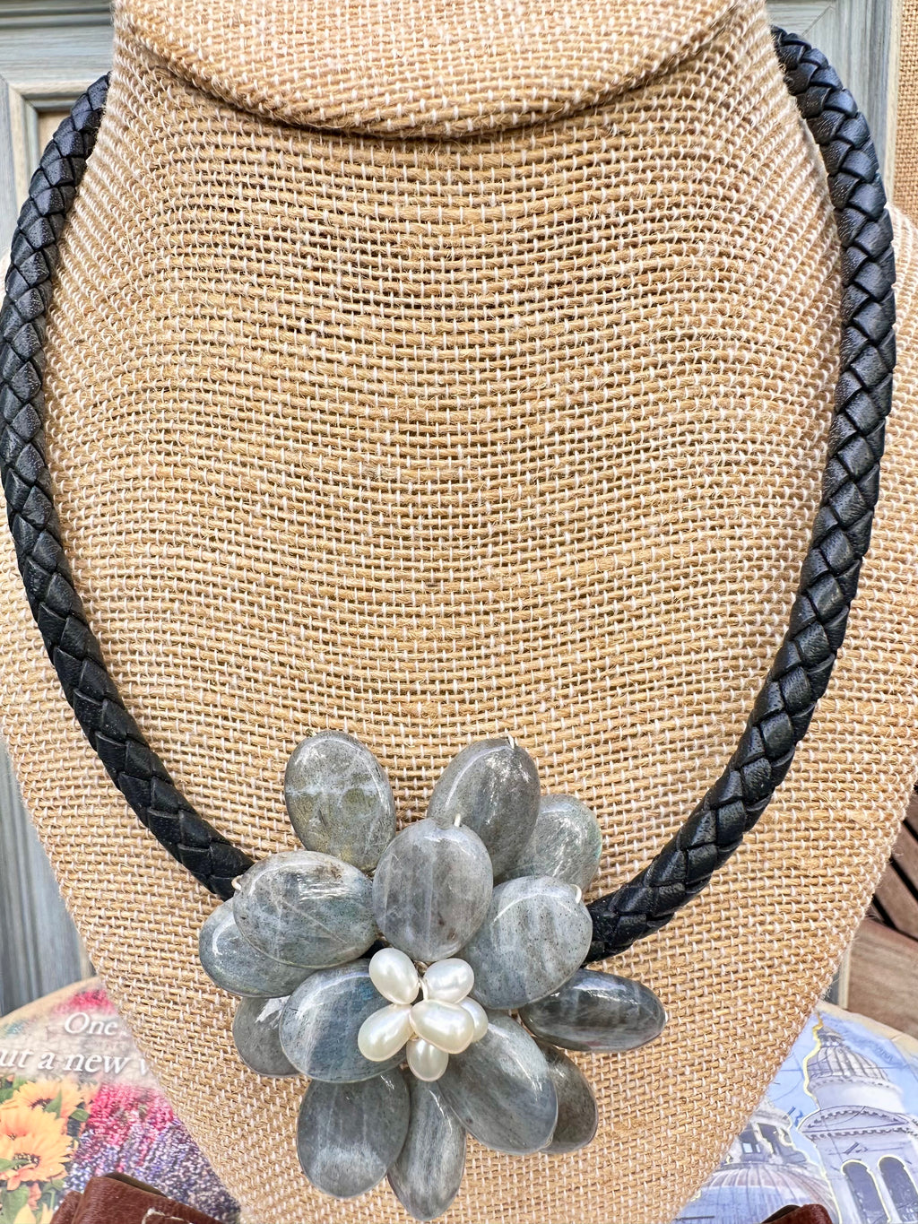 Wire Wrapped Labradorite and Pearl Floral Style Stone Necklace