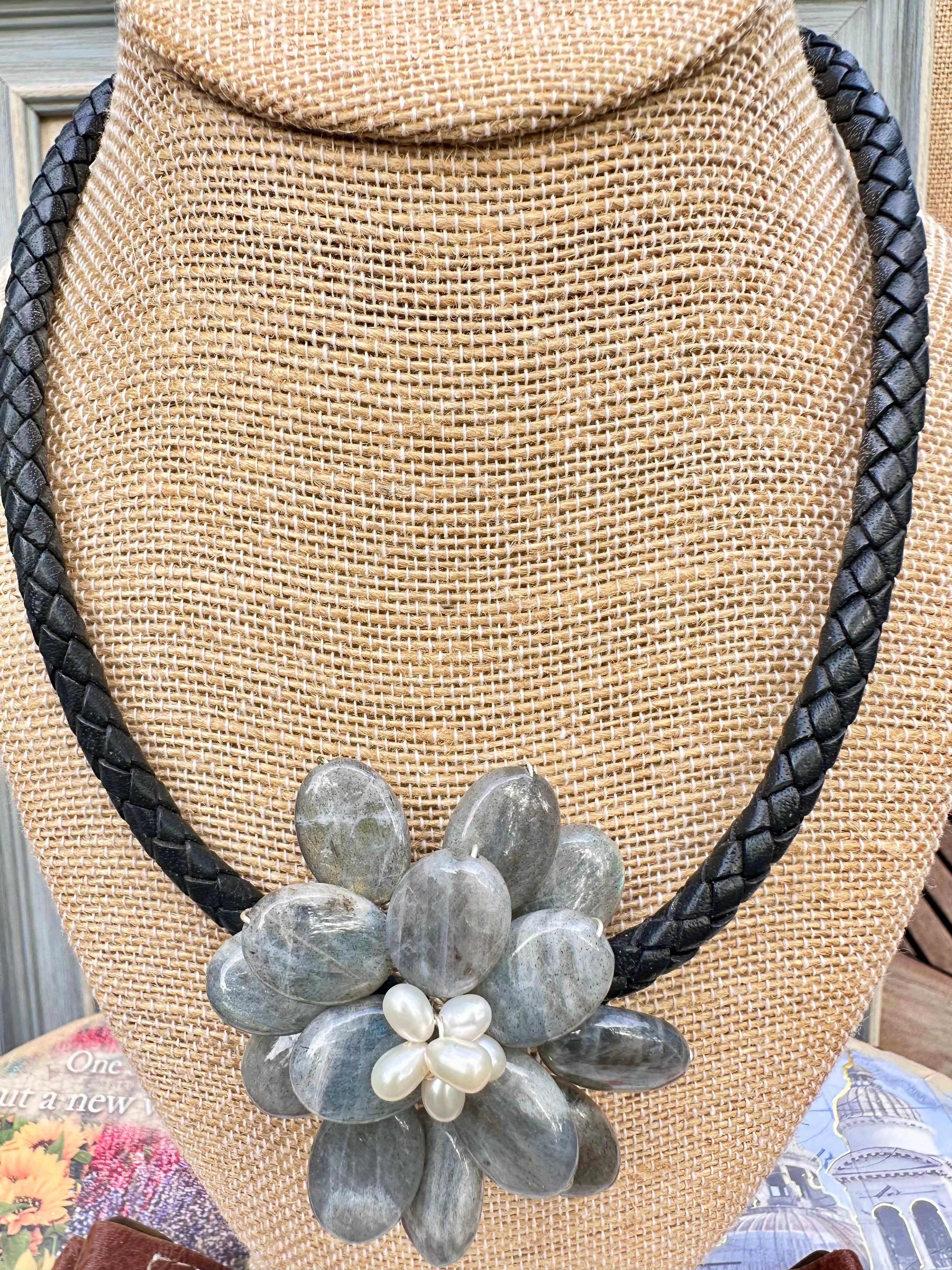 Wire Wrapped Labradorite and Pearl Floral Style Stone Necklace