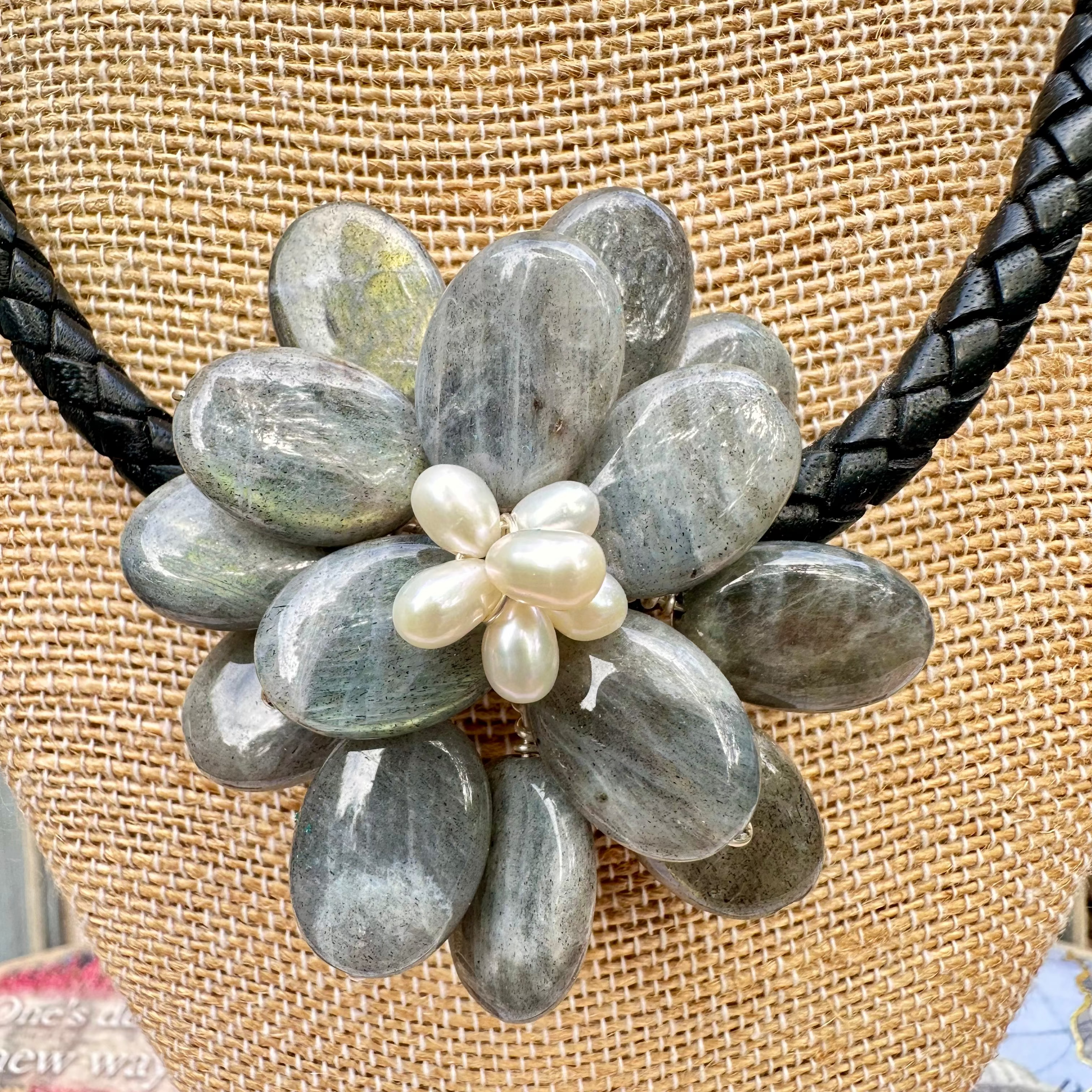 Wire Wrapped Labradorite and Pearl Floral Style Stone Necklace