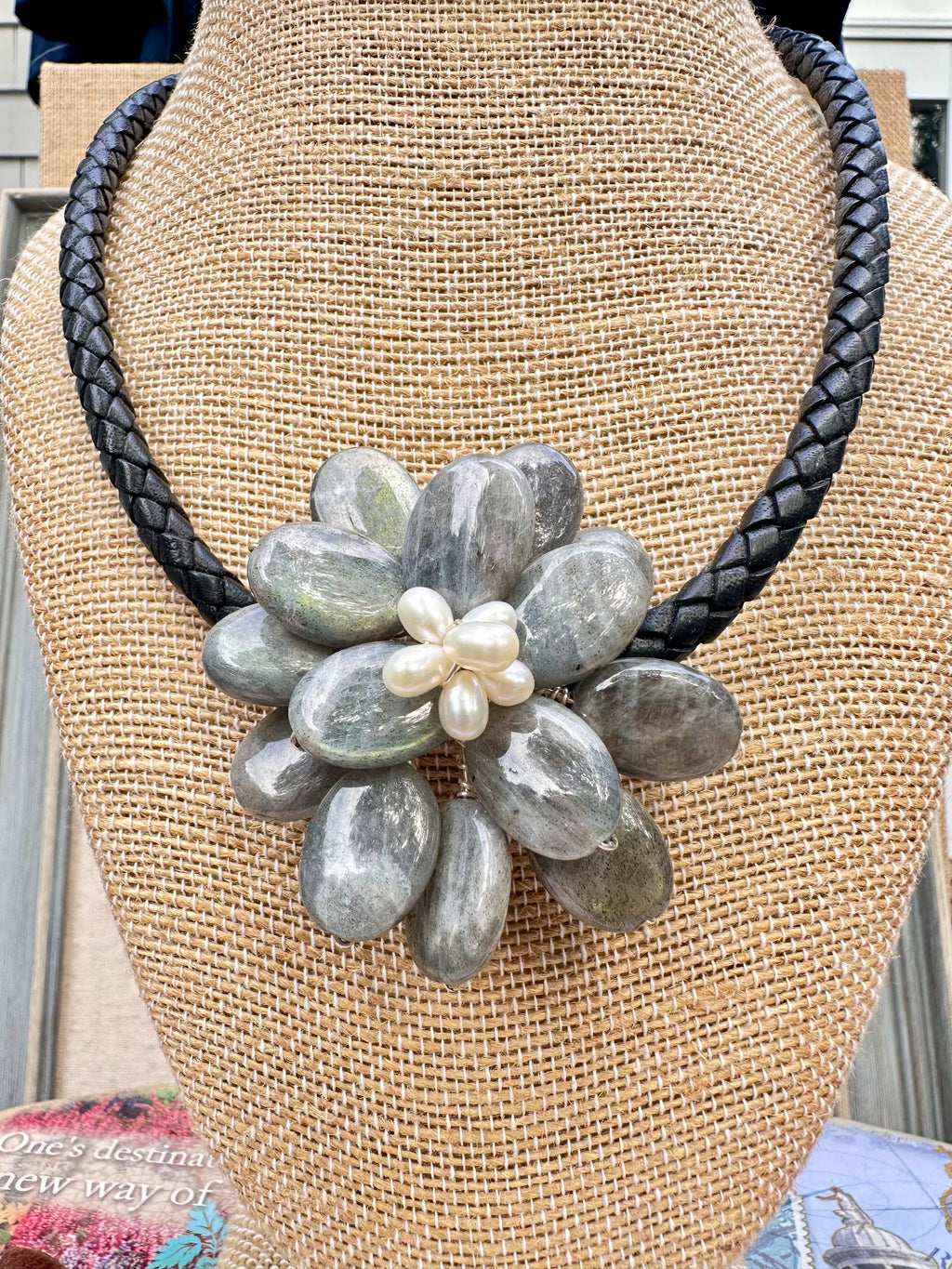 Wire Wrapped Labradorite and Pearl Floral Style Stone Necklace