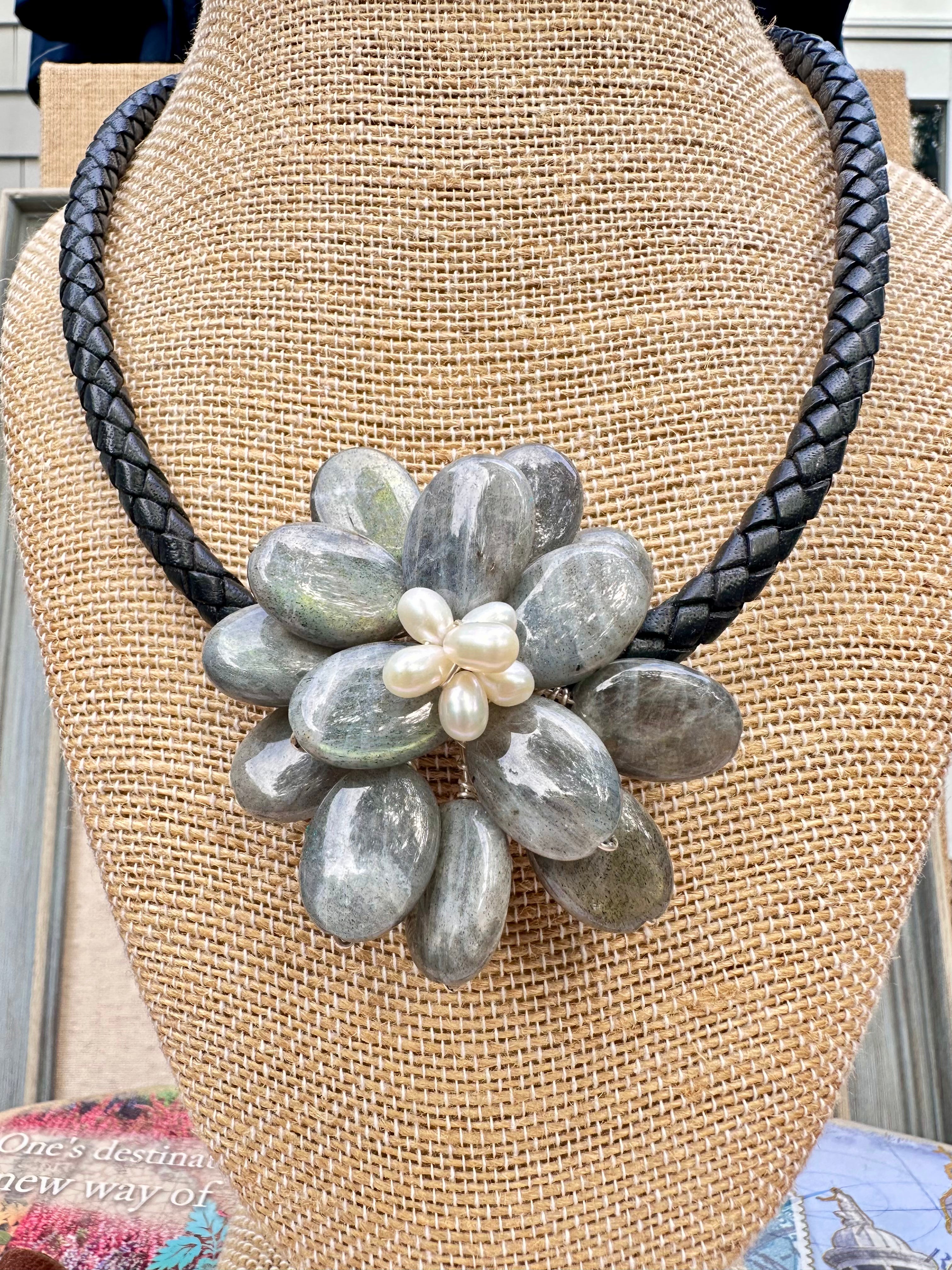 Wire Wrapped Labradorite and Pearl Floral Style Stone Necklace
