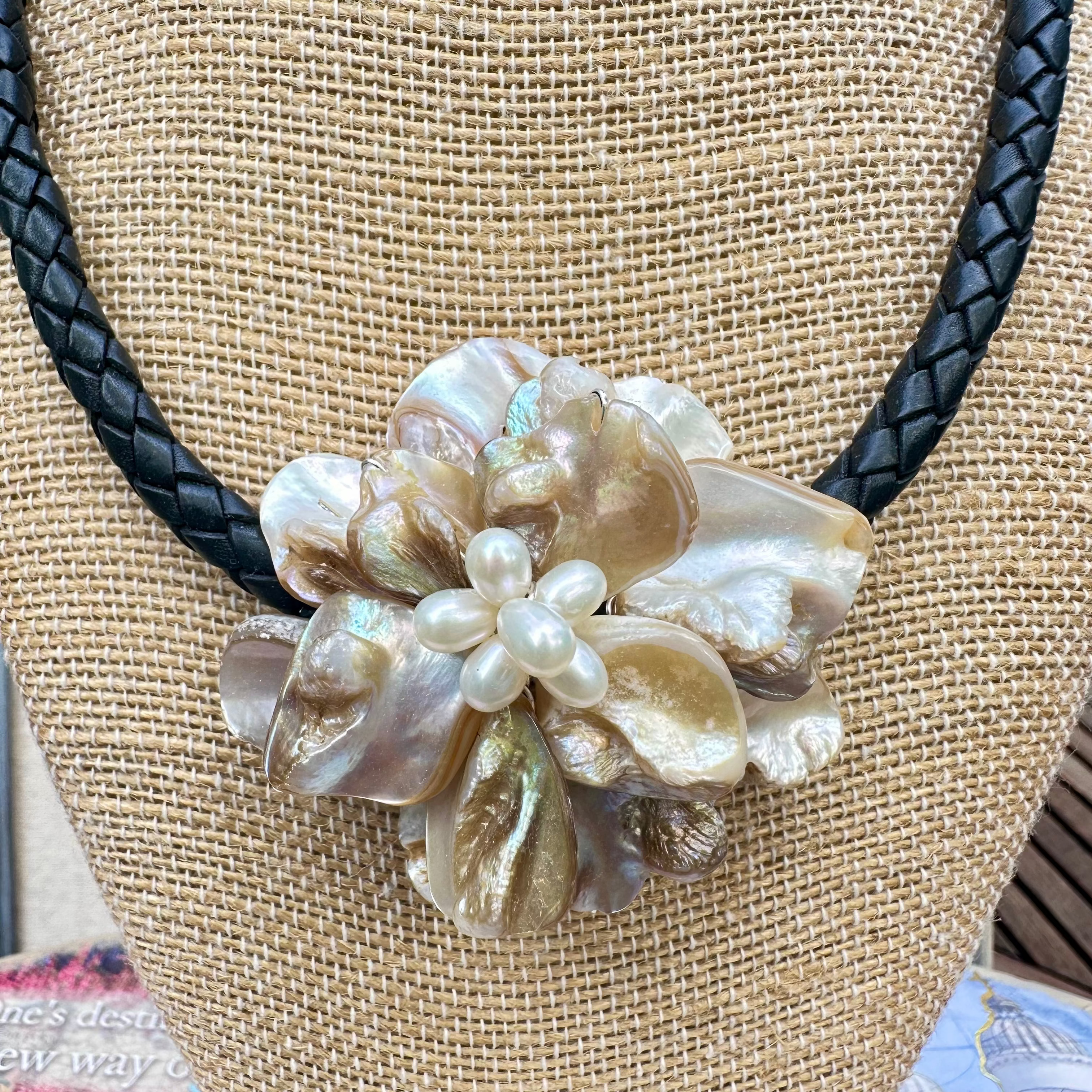 Wire Wrapped Mother of Pearl Nugget and Pearl Floral Style Necklace