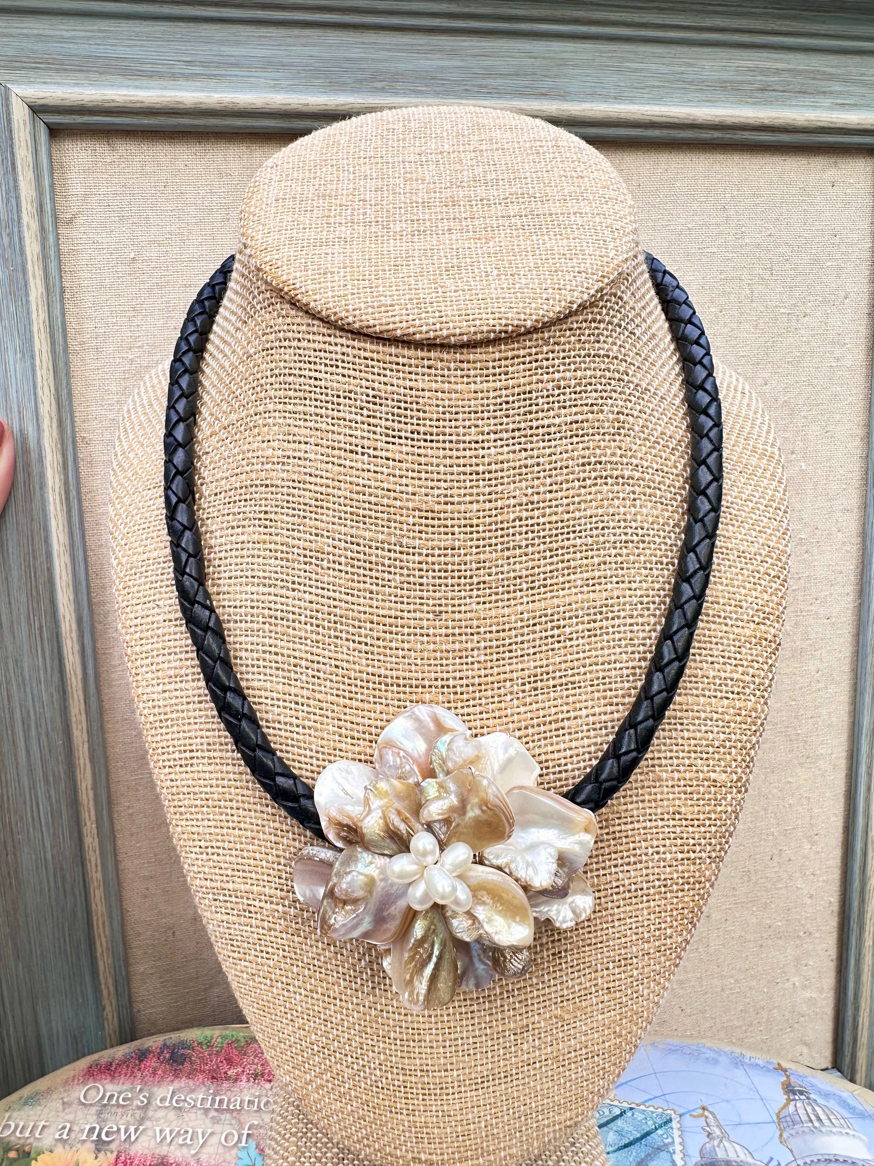 Wire Wrapped Mother of Pearl Nugget and Pearl Floral Style Necklace
