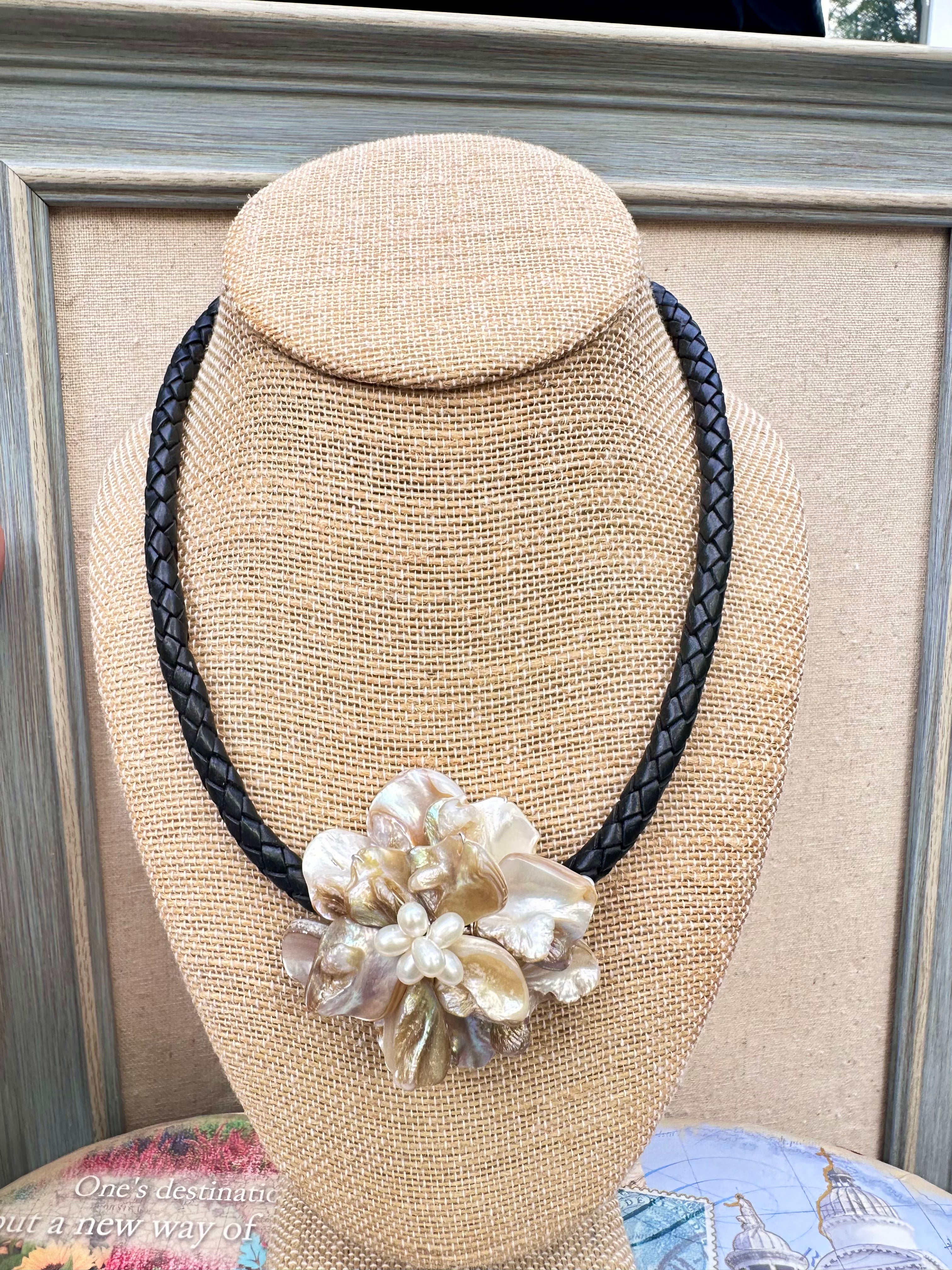 Wire Wrapped Mother of Pearl Nugget and Pearl Floral Style Necklace