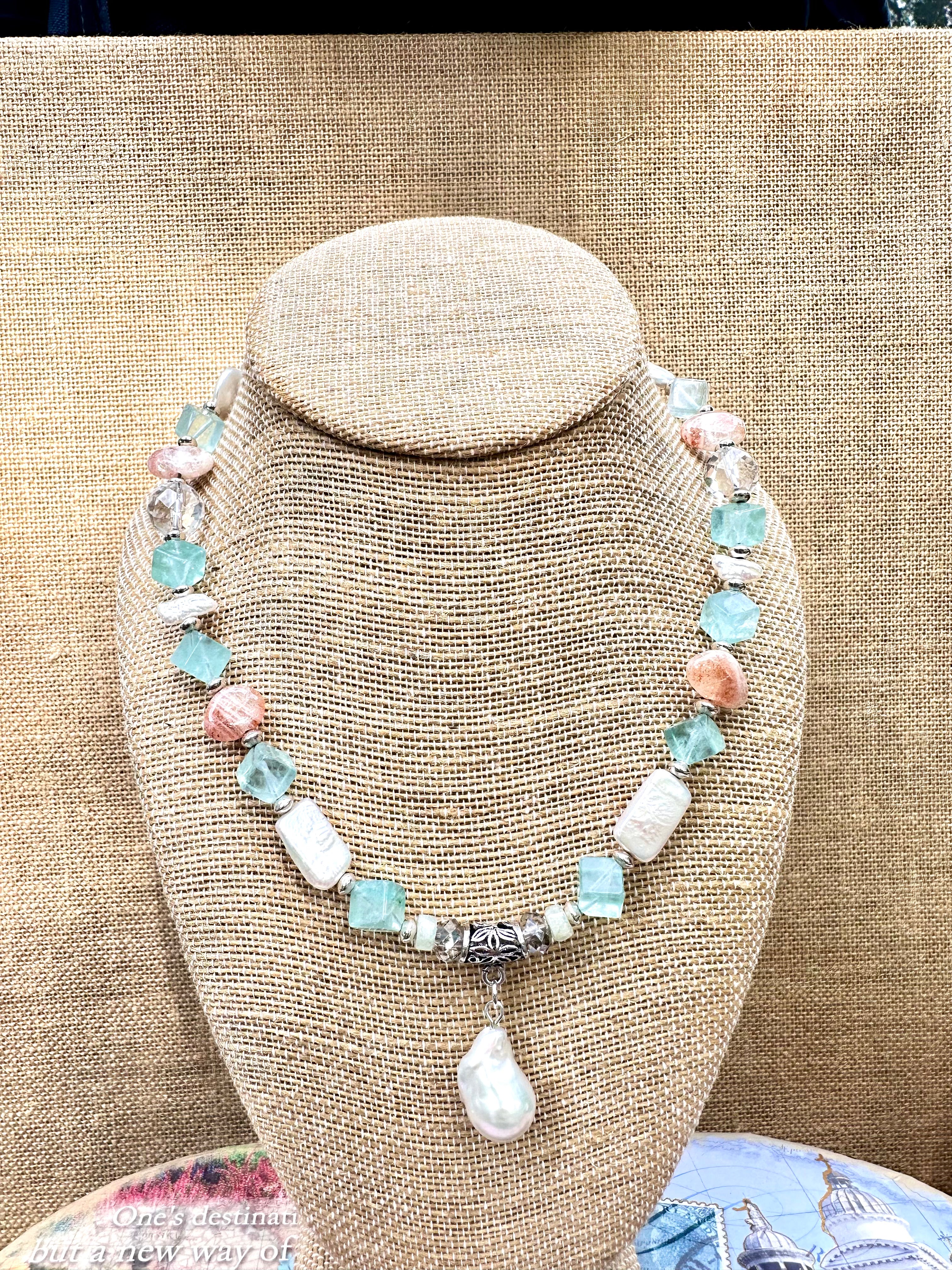 Fluorite, Sunstone and Pearl Necklace