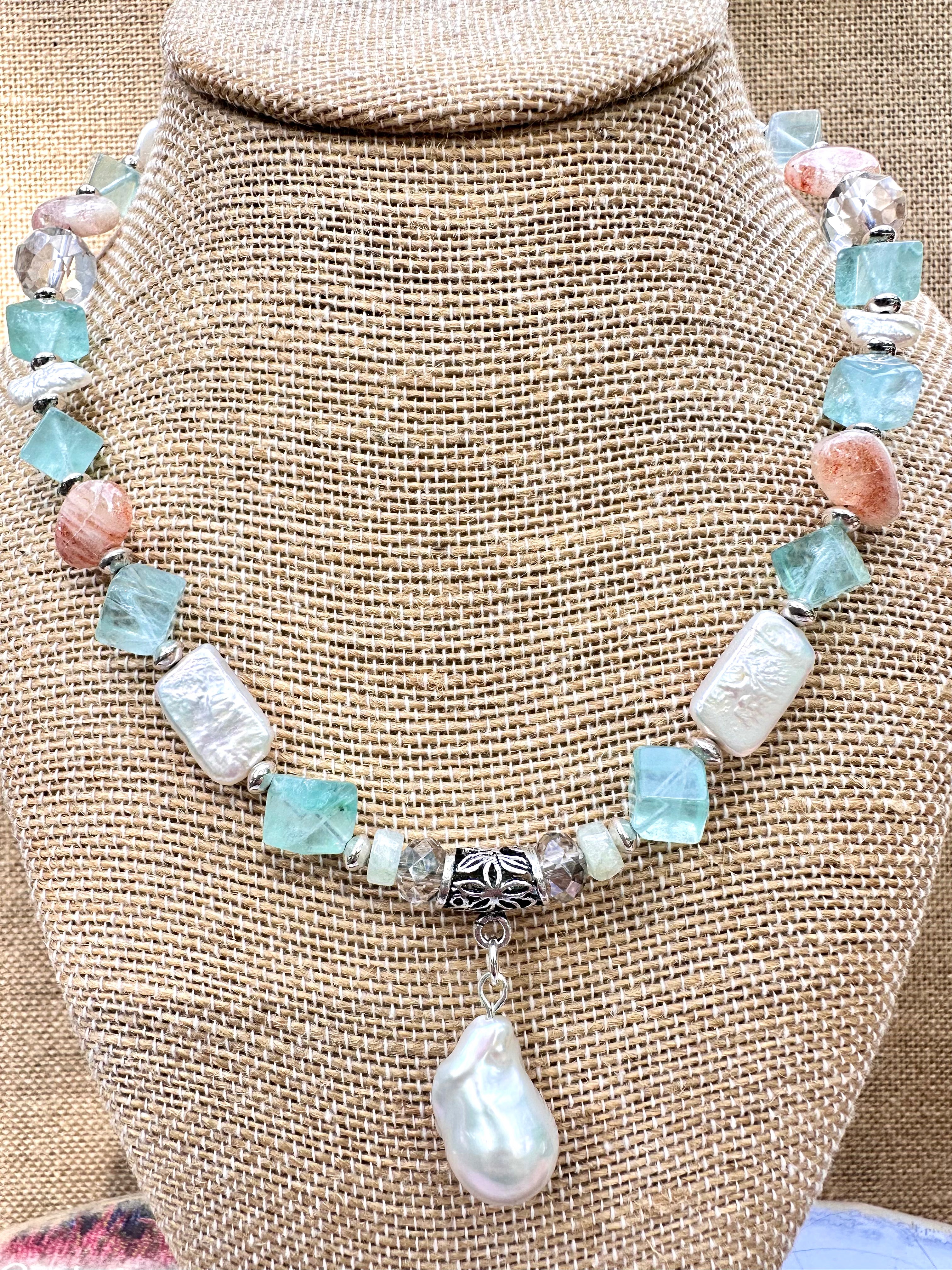 Fluorite, Sunstone and Pearl Necklace