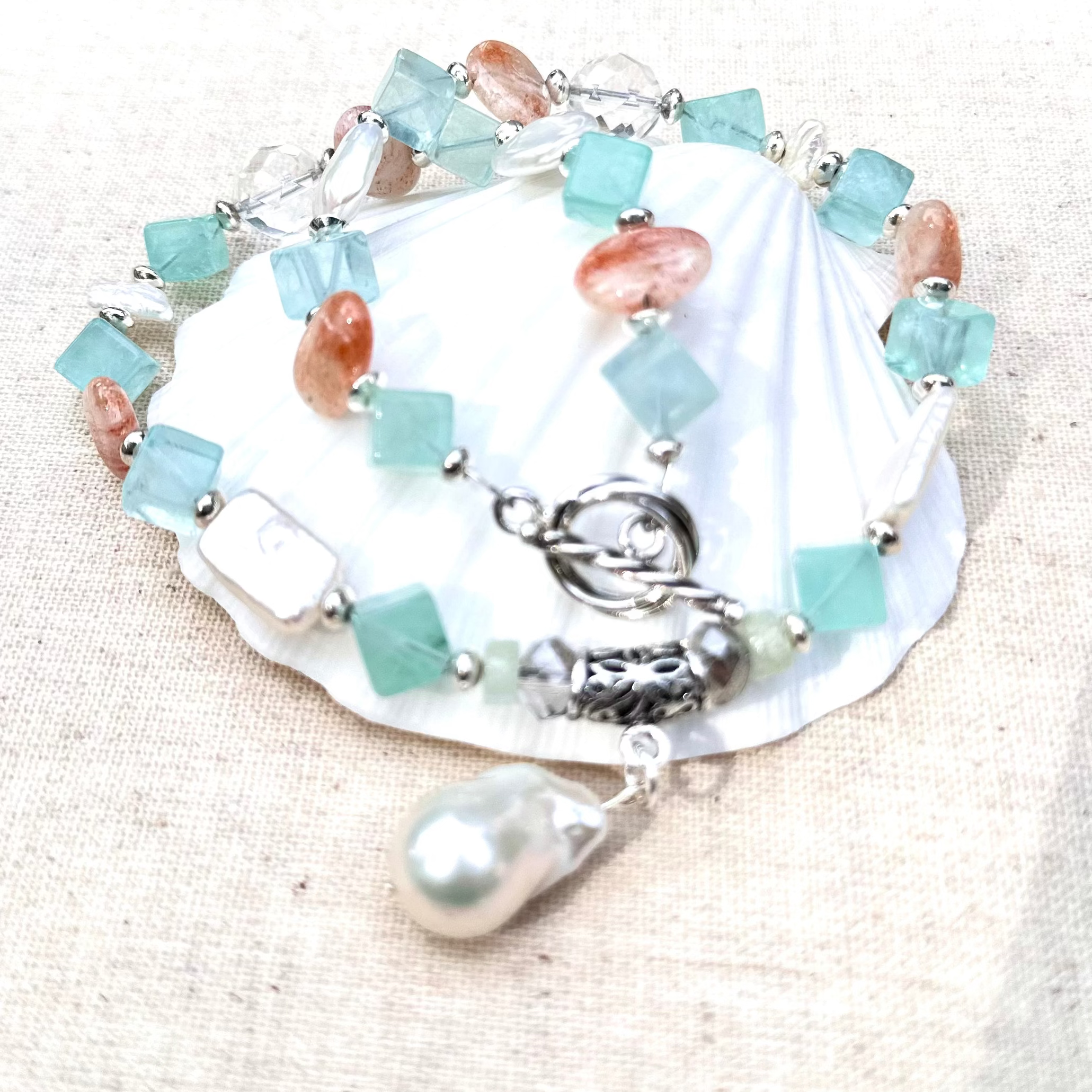 Fluorite, Sunstone and Pearl Necklace