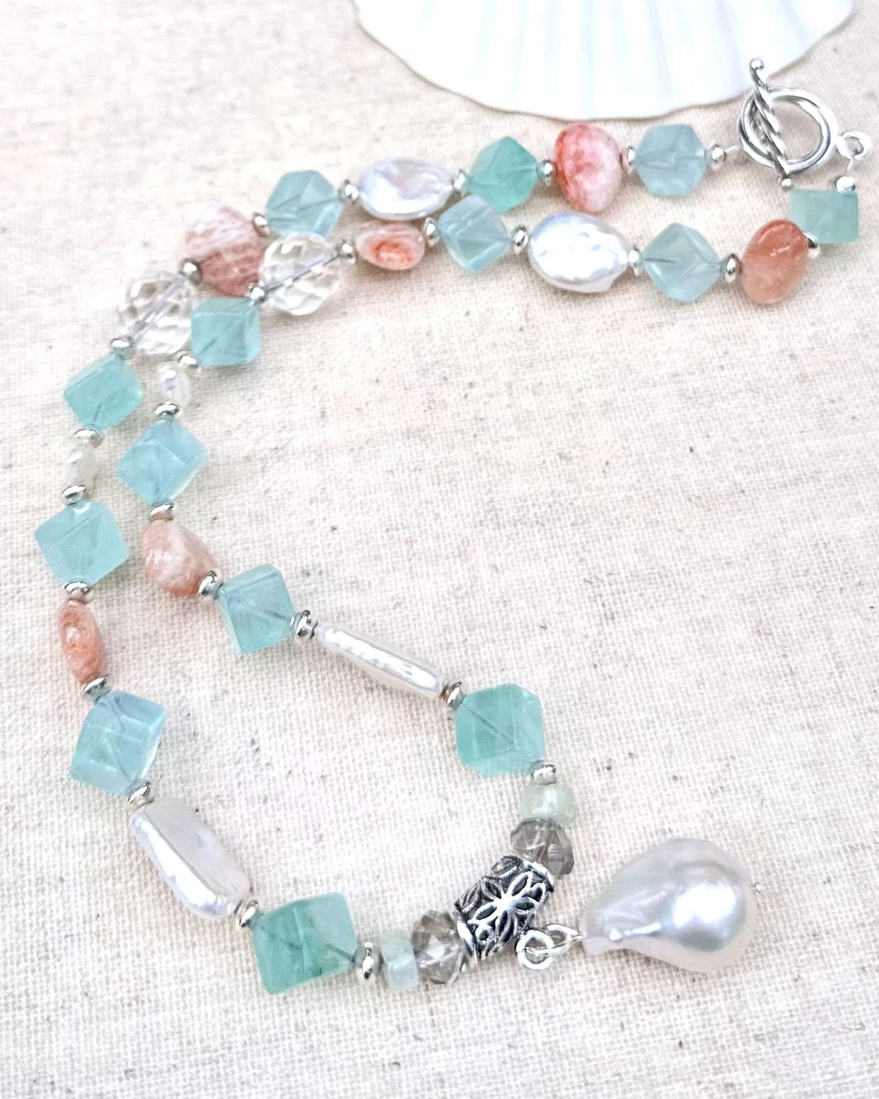 Fluorite, Sunstone and Pearl Necklace