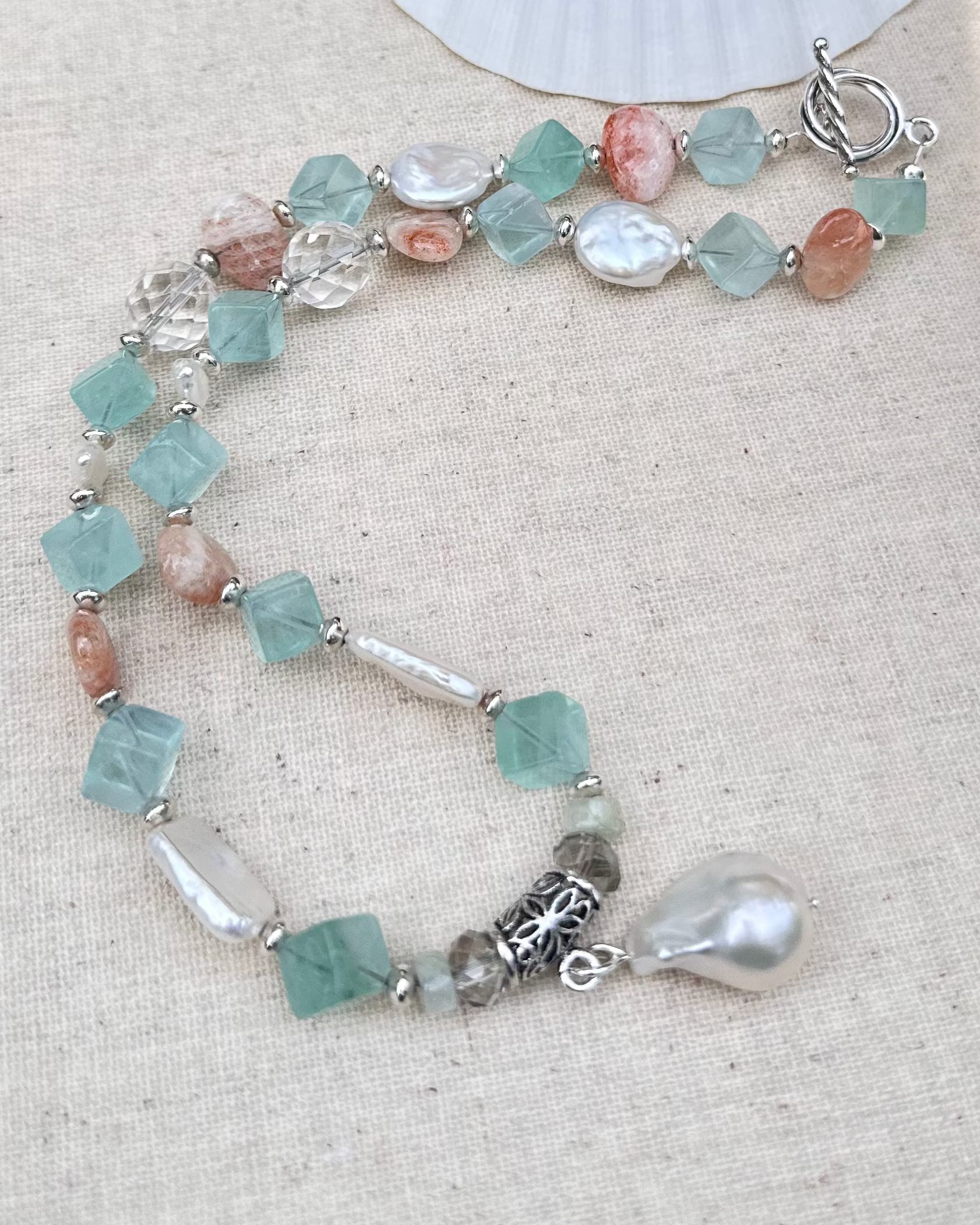 Fluorite, Sunstone and Pearl Necklace