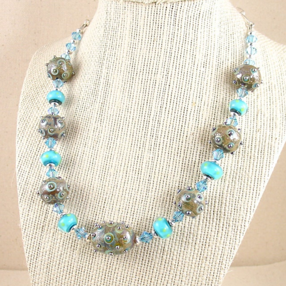 Lampwork Necklace in Aqua and Green with Swarovski Crystals