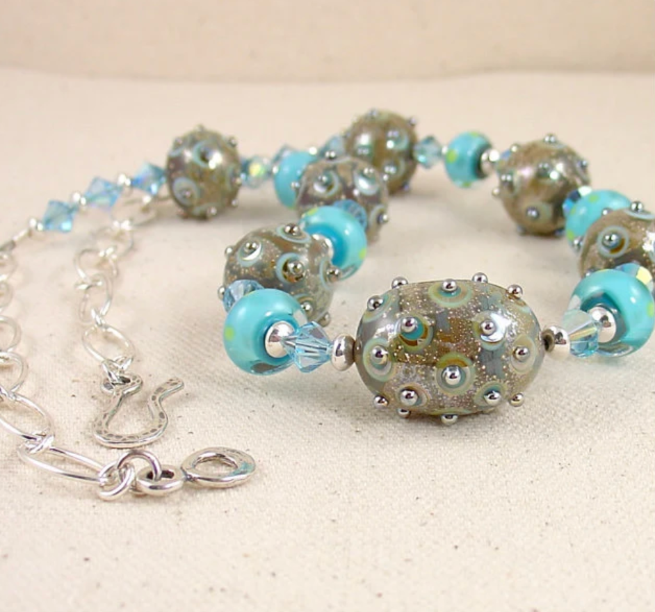Lampwork Necklace in Aqua and Green with Swarovski Crystals