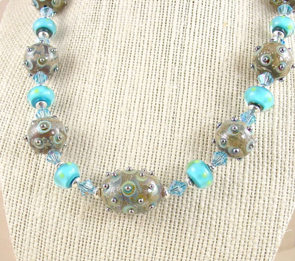 Lampwork Necklace in Aqua and Green with Swarovski Crystals