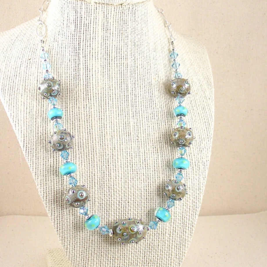 Lampwork Necklace in Aqua and Green with Swarovski Crystals