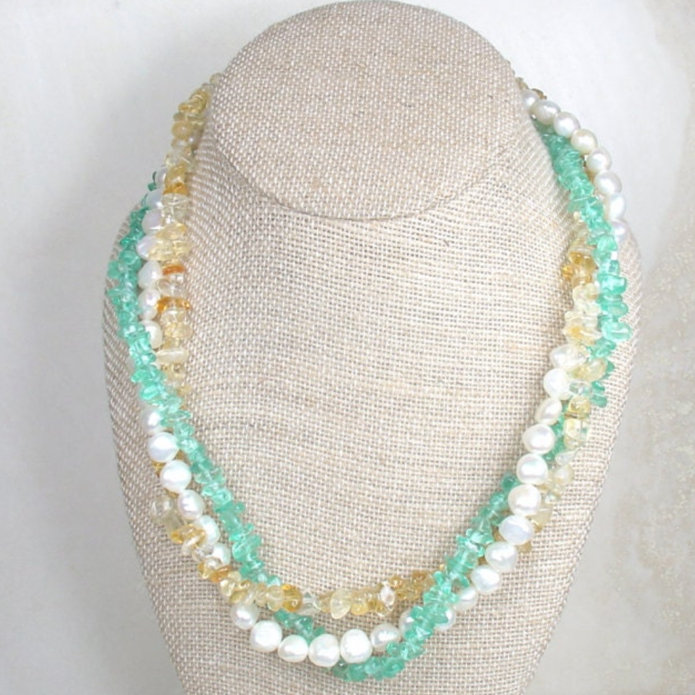Apatite, Citrine & Pearl Three-Strand Twist Necklace
