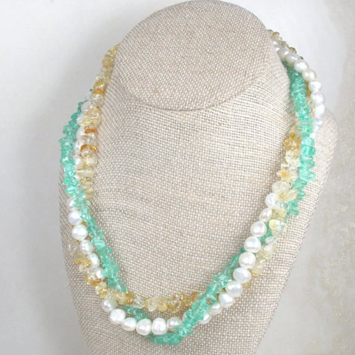 Apatite, Citrine & Pearl Three-Strand Twist Necklace