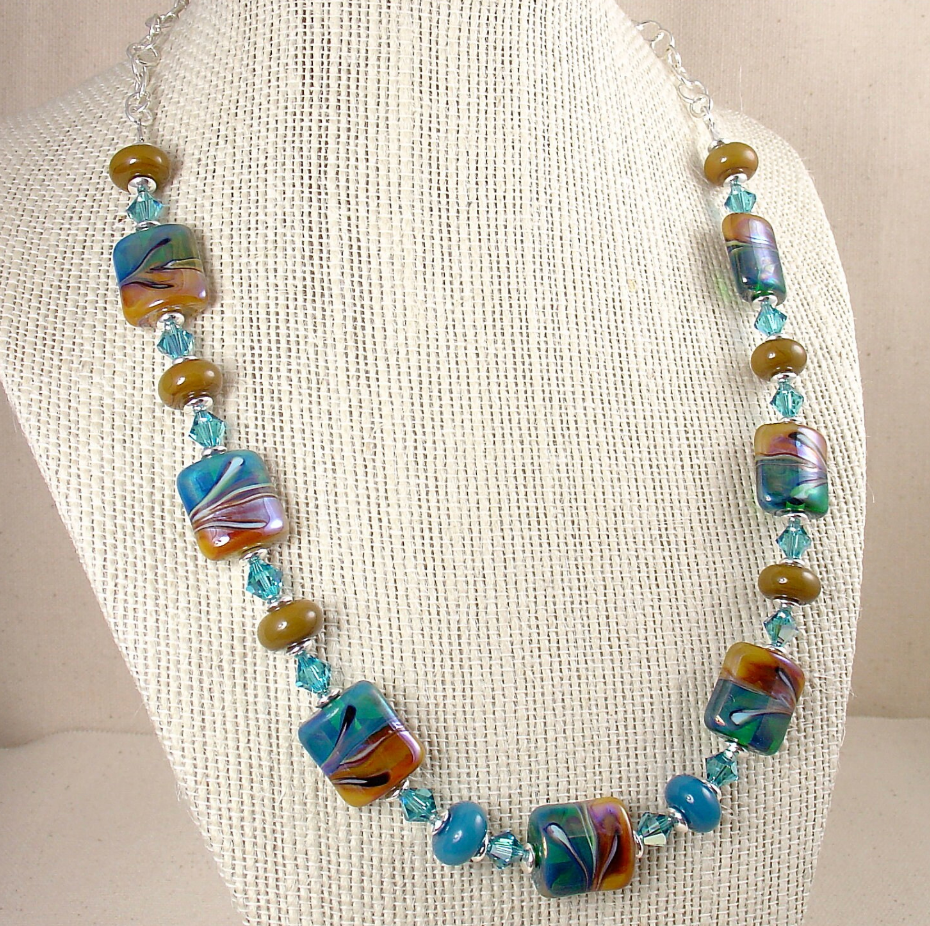Lampwork Glass Necklace in Topaz and Teal