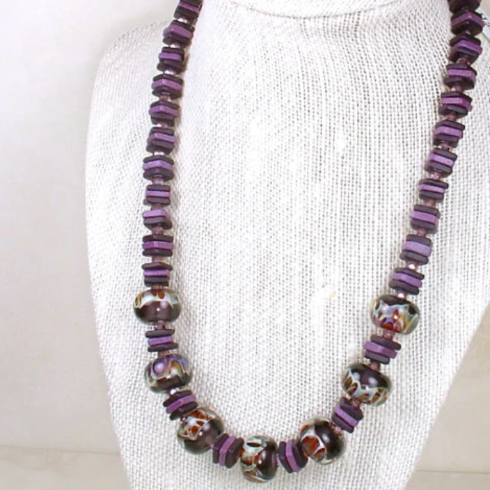 Lampwork Glass Bead Necklace in Purple & Plum