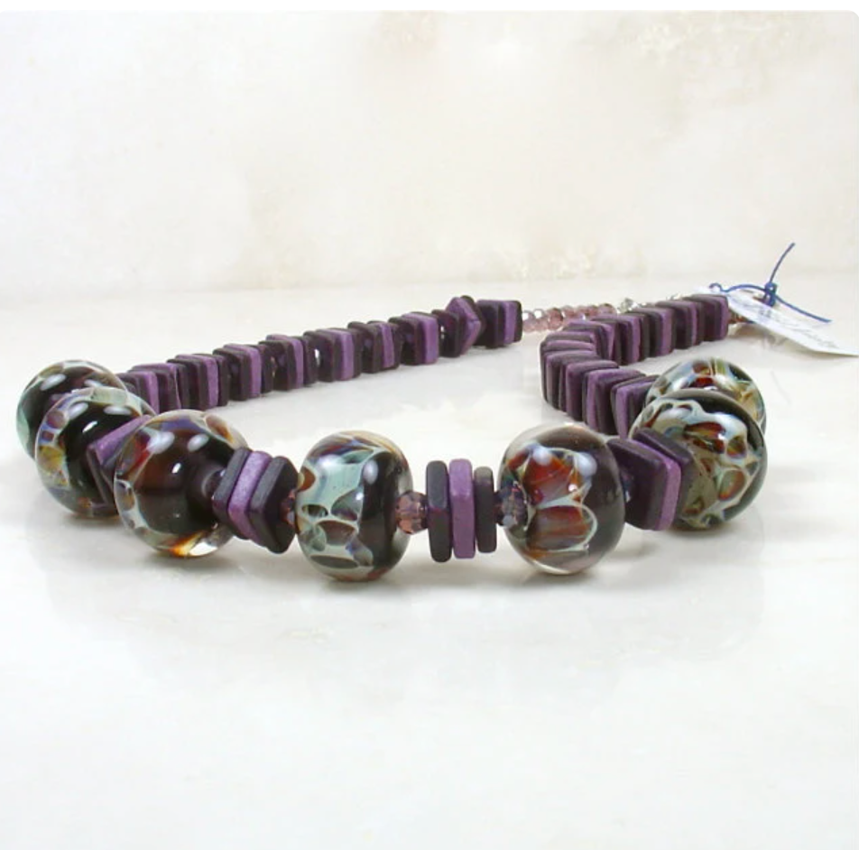 Lampwork Glass Bead Necklace in Purple & Plum