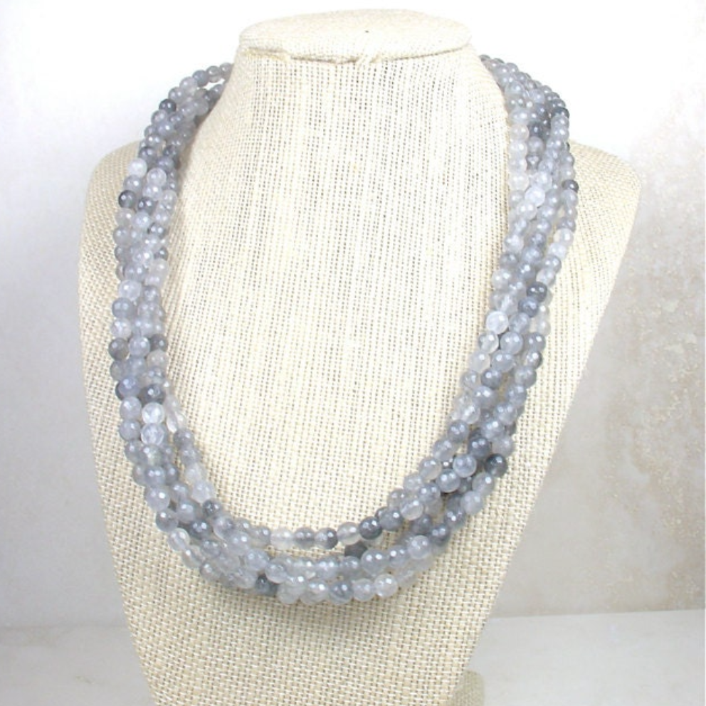 Five-Strand Gray Quartz Necklace with Sterling Silver Filigree Clasp