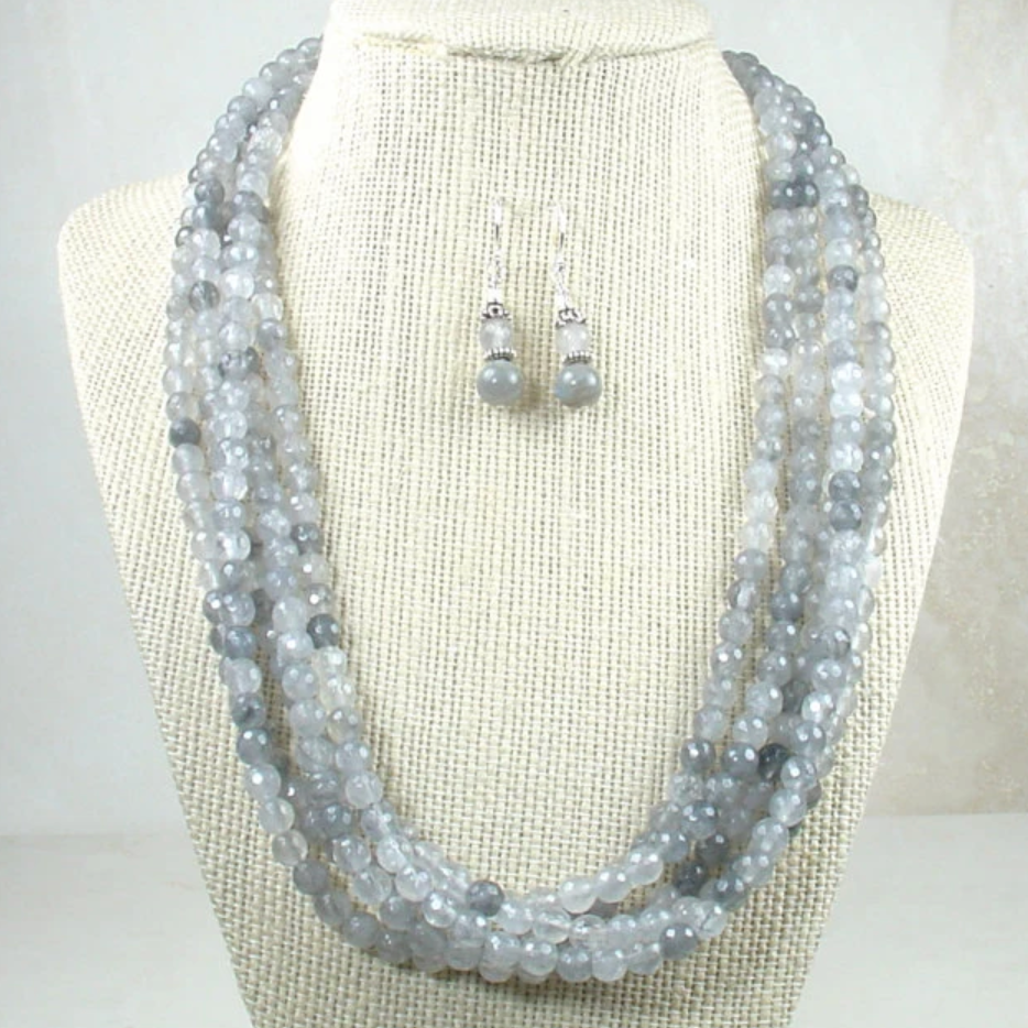 Five-Strand Gray Quartz Necklace with Sterling Silver Filigree Clasp