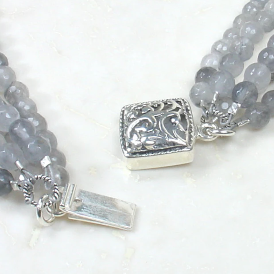 Five-Strand Gray Quartz Necklace with Sterling Silver Filigree Clasp