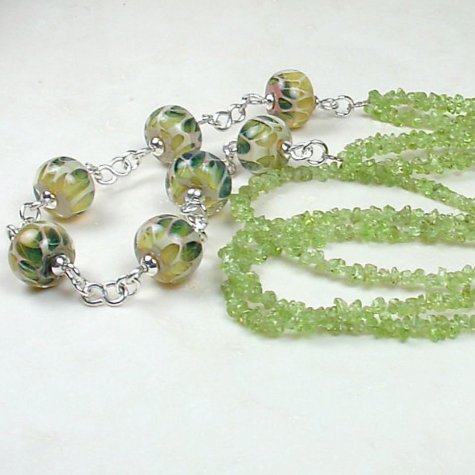 Peridot & Lampwork Glass Necklace with Handmade Sterling Silver Chain