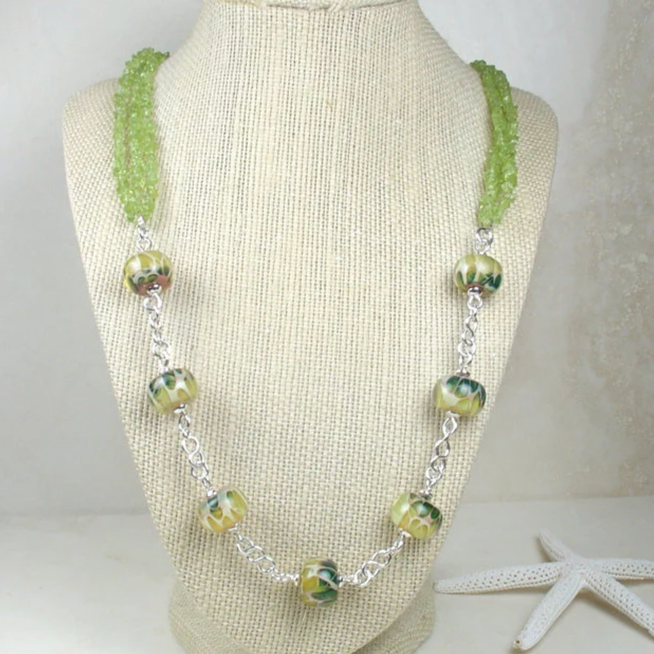Peridot & Lampwork Glass Necklace with Handmade Sterling Silver Chain
