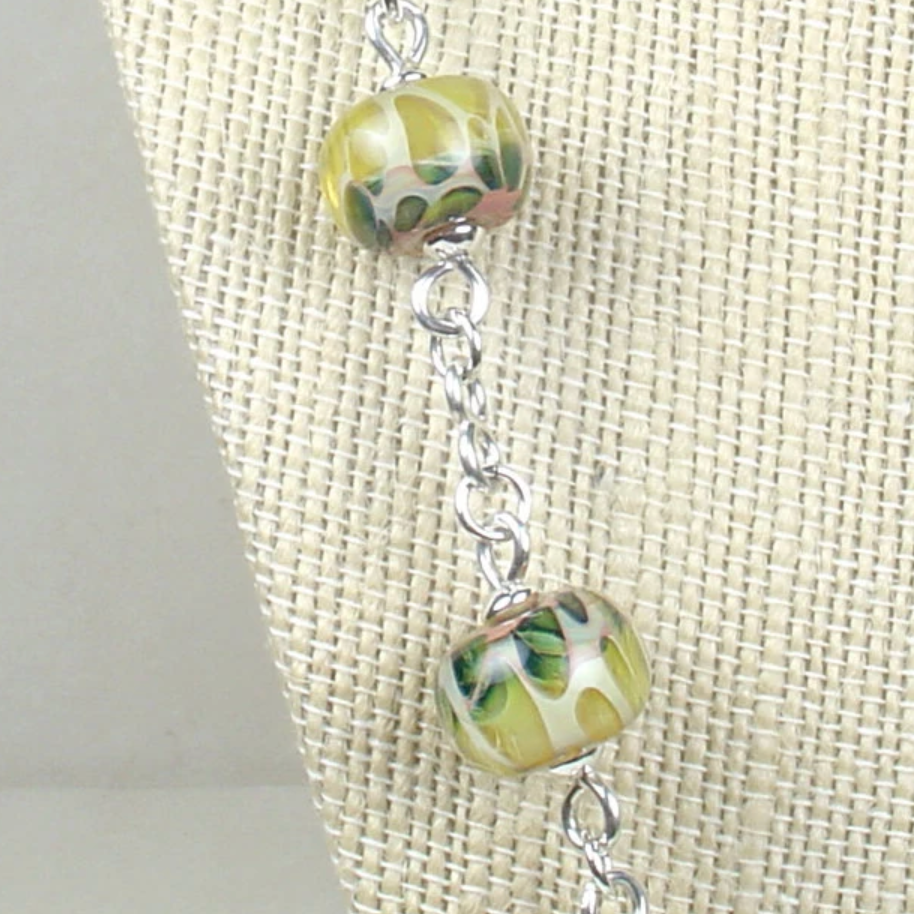 Peridot & Lampwork Glass Necklace with Handmade Sterling Silver Chain
