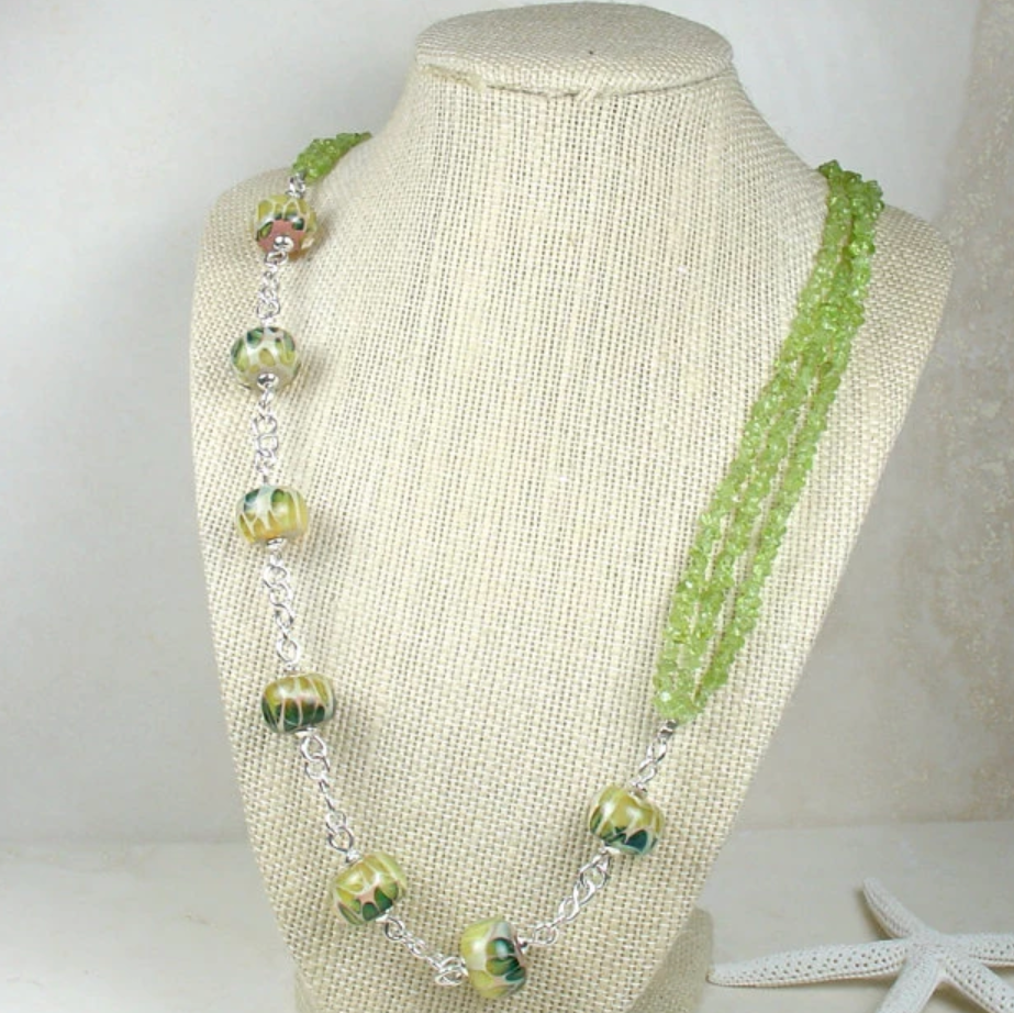 Peridot & Lampwork Glass Necklace with Handmade Sterling Silver Chain