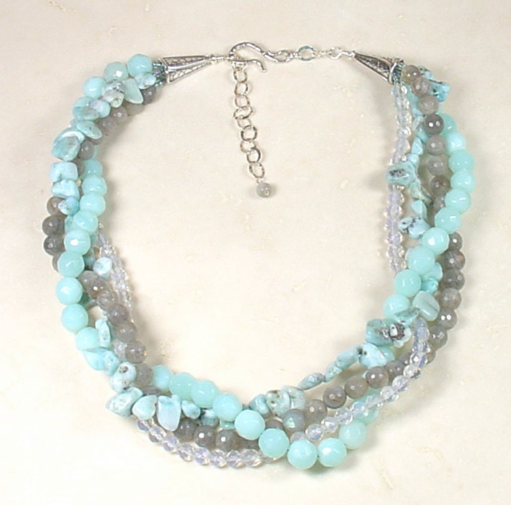 Multi Strand Labradorite Larimar Quartz Stone Necklace with Sterling Clasp