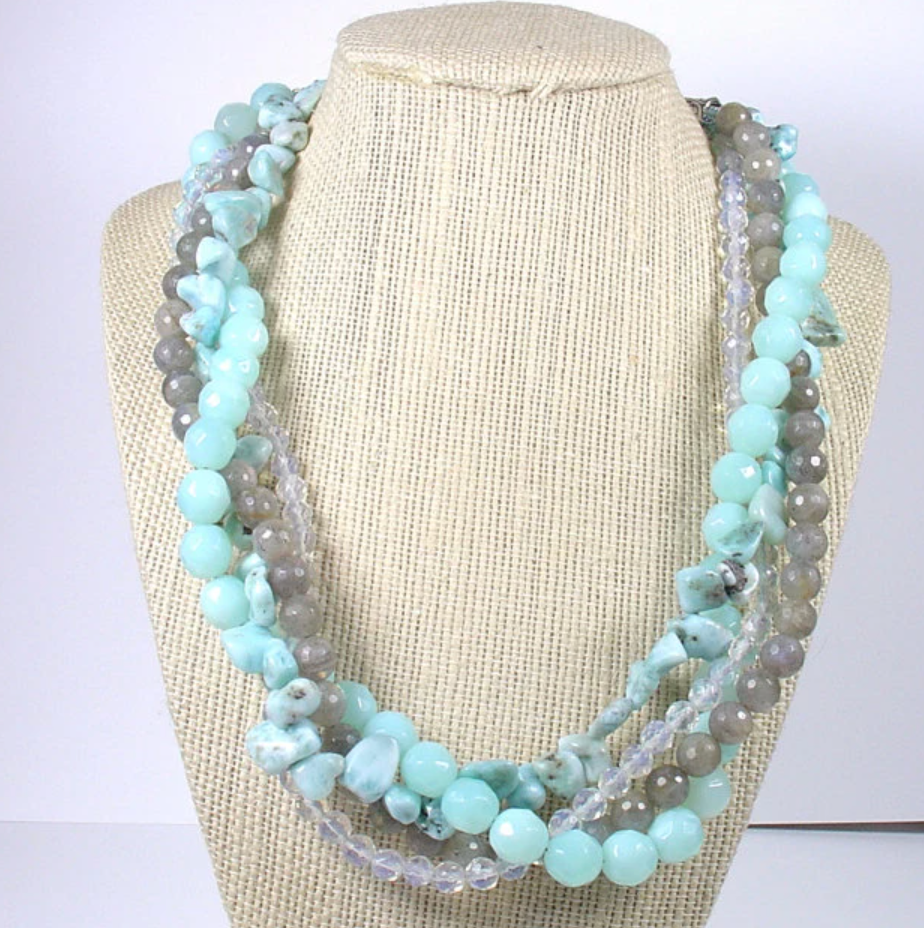 Multi Strand Labradorite Larimar Quartz Stone Necklace with Sterling Clasp
