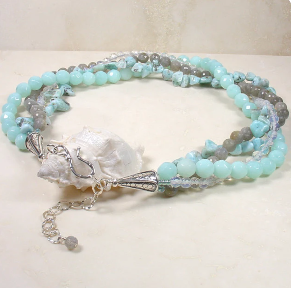 Multi Strand Labradorite Larimar Quartz Stone Necklace with Sterling Clasp
