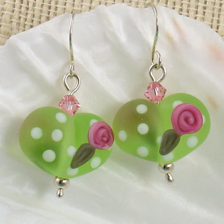 Frosted Apple Green Glass Heart Earrings