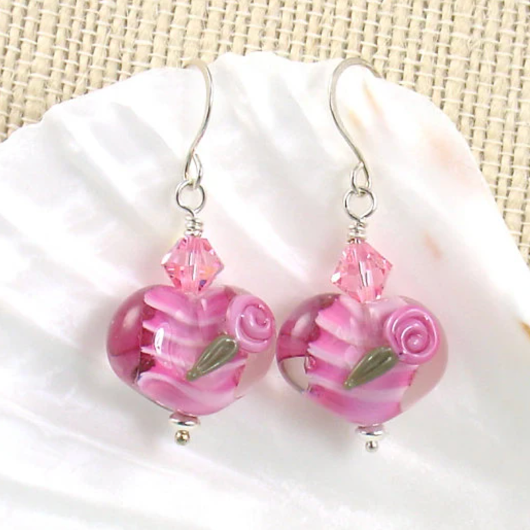 Pink Lampwork Glass Heart Earrings with Rose Detail