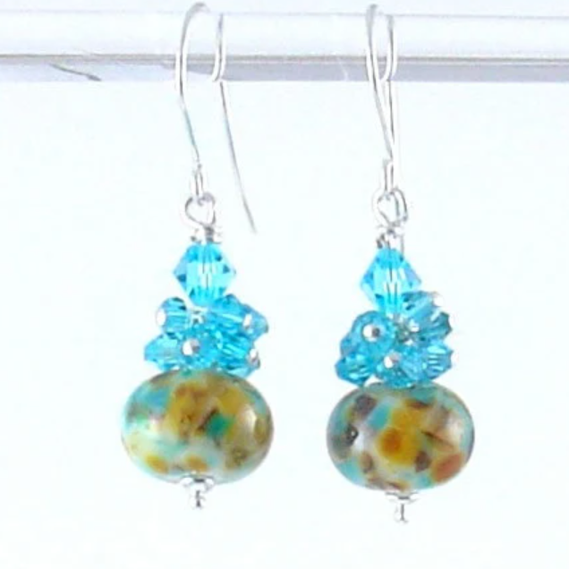 Aqua and Caramel Brown Crystal and Lampwork Earrings