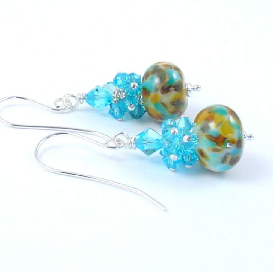 Aqua and Caramel Brown Crystal and Lampwork Earrings