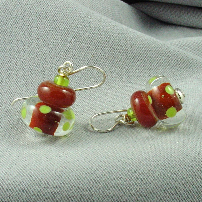 Caramel and Green Lampwork Earrings
