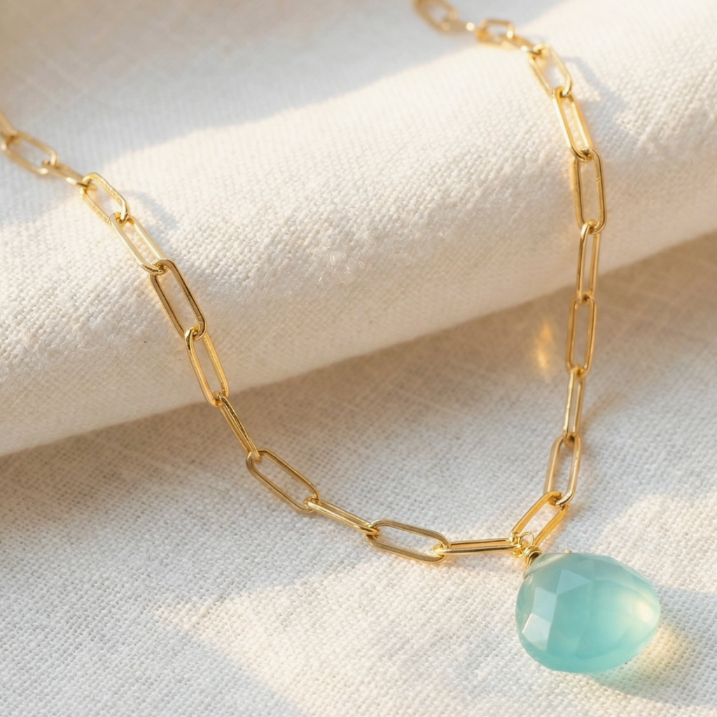 Paperclip Chain Dainty Chalcedony Drop Necklace